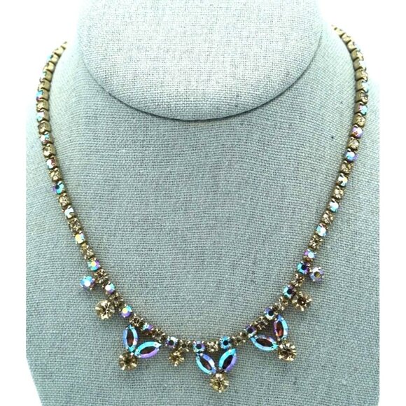 Vintage Sherman Rhinestone Necklace Aurora Borealis and Clear Signed Jewelry - Picture 1 of 10